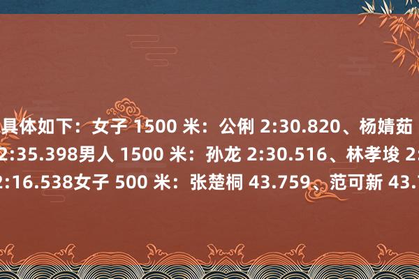具体如下:女子 1500 米:公俐 2:30.820、杨婧茹 2:34.800、臧一泽 2:35.398男人 1500 米:孙龙 2:30.516、林孝埈 2:29.944、刘少昂 2:16.538女子 500 米:张楚桐 43.759、范可新 43.744、王怡然 44.103男人 500 米:林孝埈 41.337、孙龙 41.107、刘少昂 41.326女子 1000 米:张楚桐 1:40.6