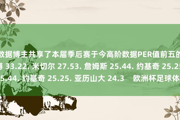一位数据博主共享了本届季后赛于今高阶数据PER值前五的球员：1. 阿德托昆博 33.22. 米切尔 27.53. 詹姆斯 25.44. 约基奇 25.25. 亚历山大 24.3    欧洲杯足球体育信息